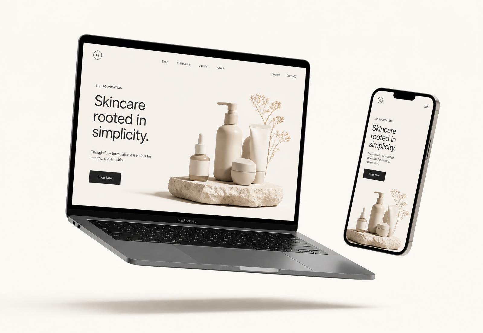 MacBook und iPhone zeigen eine von BuildYourOwn gestaltete Website in warmen Cremetönen
